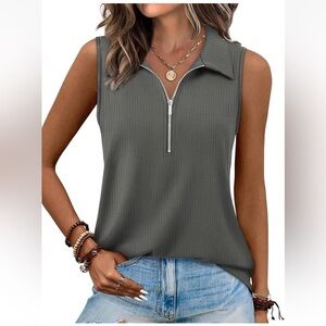 Women’s Ribbed Zipper Tank Top Size Large Gray Blouse Collared Sleeveless Shirt